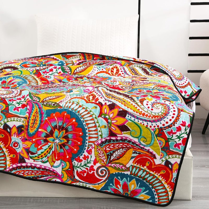Qucover Cotton Quilted Throw Blanket, Soft Boho Quilt 59"x79", Bright Colorful Red, Orange, Pink and Blue Reversible Paisley Lightweight Quilts for Couch Sofa Beds - Image 4